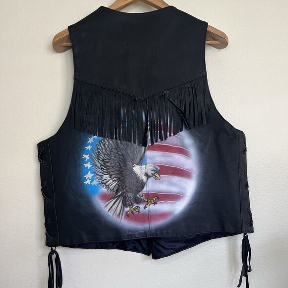 Western Rodeo Leather‎ Biker Vest Men's XL  Black Eagle Fringe Western Rocker - Picture 1 of 11